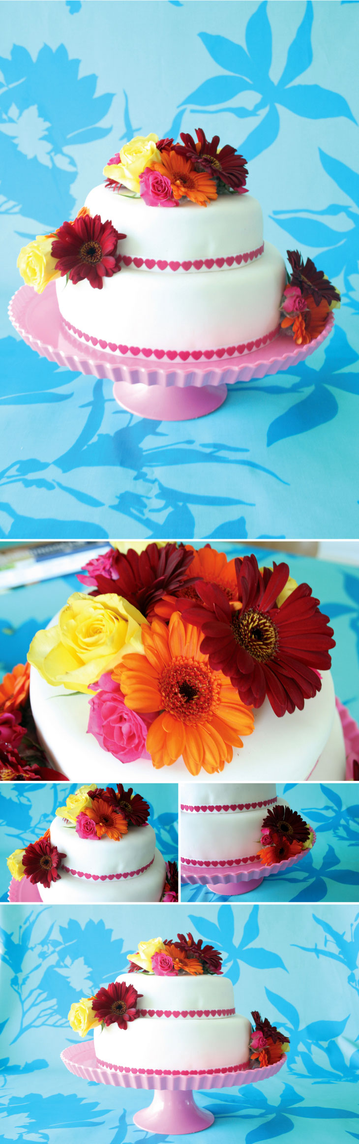 bryllupskage med hjerter og blomster